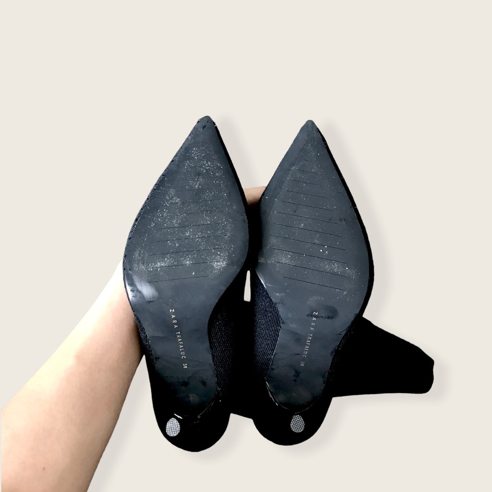 Zara Trafaluc Black Stretchy Sock Mesh Pointed Toe Ankle Boot Stiletto Heels - Picture 14 of 16